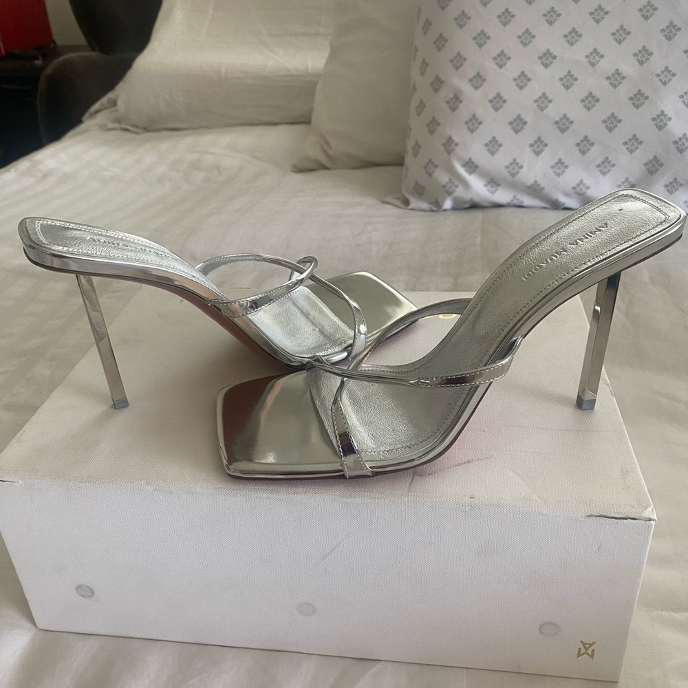 ✨ NEW! Authentic! Amina Muaddi Silver Strappy Heels – Size 38.5 ✨ Mules - Picture 6 of 15